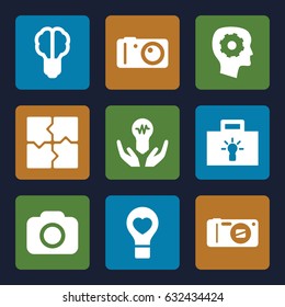 Inspiration icons set. set of 9 inspiration filled icons such as gear in head, puzzle, bulb heart, camera