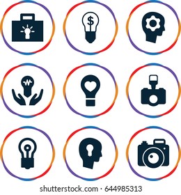 Inspiration icons set. set of 9 inspiration filled icons such as bulb, bulb heart, camera, keyhole in head