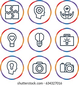 Inspiration icons set. set of 9 inspiration outline icons such as gear in head, puzzle, bulb heart, camera, keyhole in head