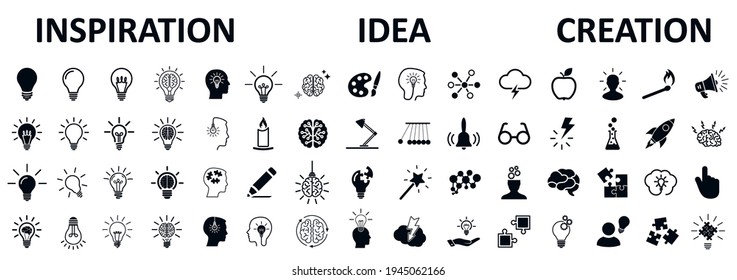 Juego de iconos de inspiración, signo de creatividad, logo de idea creativa con bombilla, cabeza humana, cerebro - vector de stock
