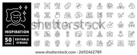 Inspiration icons set. editable line icons, outline, creativity and design tools