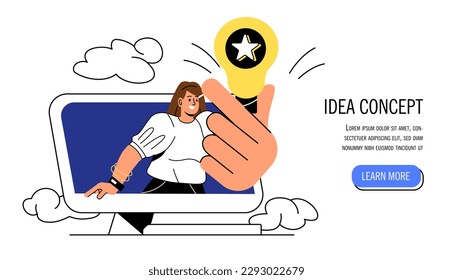 Inspiration idea concept. Woman with light bulb on computer display. Illumination and brainstorming. Entrepreneur with idea for start up or business project. Cartoon flat vector illustration