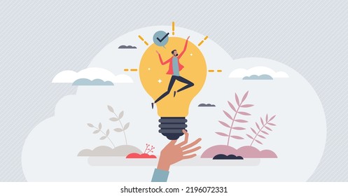 Inspiration idea and creative invention breakthrough tiny person concept. Businessman in lightbulb after imagination development and finding solution vector illustration. Smart thinking strategy