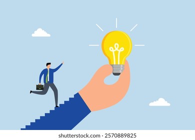 Inspiration idea to inspire, entrepreneur ascends staircase of large hand grasping motivating shining lightbulb. 