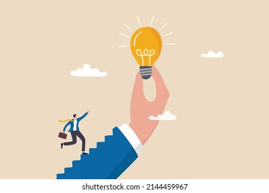 Inspiration Idea To Inspire Or Motivate People To Success, Business Innovation Or Creativity, Solution Or Invention Concept, Businessman Step On Stair Of Big Hand Holding Inspiring Bright Lightbulb.