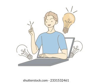 Idea inspiradora para inspirar o motivar a las personas al éxito, la innovación empresarial o la creatividad, la solución o el concepto de invención. Hombre ilustrador vectorial sostiene banner de bombilla de luz para negocios o educación