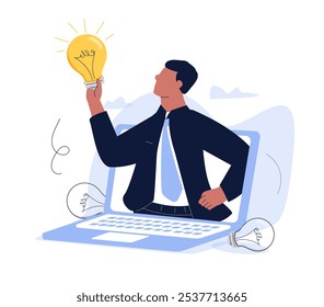 Ideia de inspiração para inspirar ou motivar as pessoas para o sucesso, inovação empresarial ou criatividade, solução ou conceito de invenção. O homem de ilustração vetorial segura o banner da lâmpada para negócios ou educação.