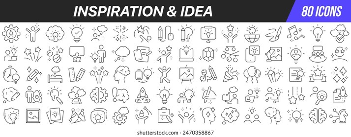 Inspiration und Ideenlinien-Symbole Kollektion. Großes UI-Symbol in einem flachen Design gesetzt. Dünne Kontursymbole packen. Vektorillustration EPS10