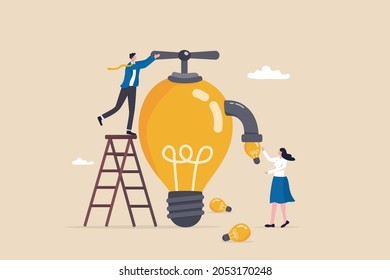 Inspiration ideas, mentorship or coaching to motivate or guidance business solution, creativity and innovation to help grow business concept, businessman manager turn lightbulb valve to provide ideas.