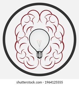 Inspiration or imagination icon. Human brain with a light bulb inside. Simple color version on light background 