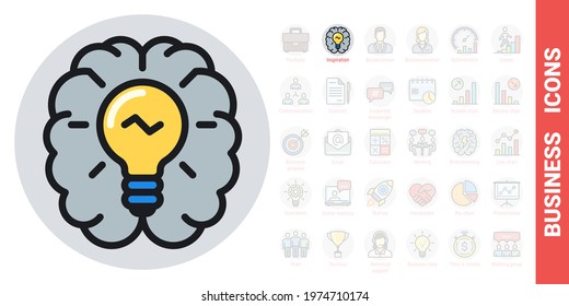 Inspiration or imagination icon. Human brain with a light bulb inside. Simple color version from a series of business icons