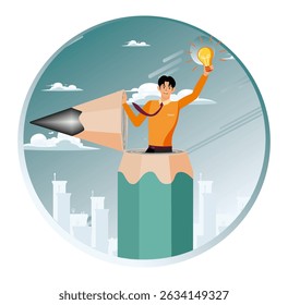 Inspiration or imagination to think about new idea, knowledge learning or writing content concept, young creative man open pencil top discover new light bulb idea.