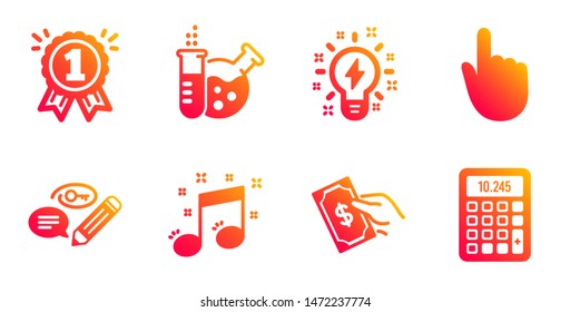 Inspiration, Keywords and Pay money line icons set. Reward, Chemistry lab and Hand click signs. Musical note, Calculator symbols. Creativity, Pencil with key. Education set. Vector