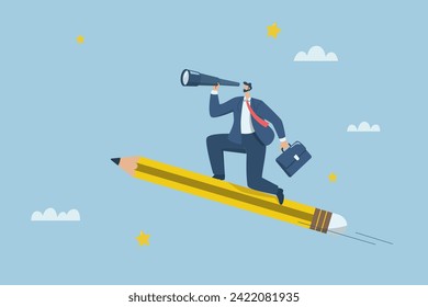 Inspiration leads to success, Perseverance or finding the direction of business and career that will be successful, Businessman with binoculars riding a pencil in the sky searching for big ideas.