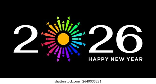 Inspiration Luxury New Year 2026 Logo with white numbers and colorful fireworks effect on black background. New Year greeting card. event, celebration