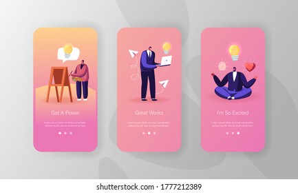 Integrierte Bildschirmvorlage für mobile App-Inspiration Männliche und weibliche Charaktere suchen kreative Ideen, Meditieren, Malen auf Easel und Arbeiten auf Laptop. Konzept. Vektorgrafik von Cartoon People
