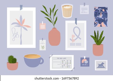 Inspiration mood board with home decor items. Poster, vase, houseplant, cards, cup of coffee, stickers and to do list. Idea for modern comfy scandinavian interior. Vector illustration, set of objects.