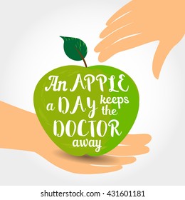 Inspiration Motivated Quote. Apple, day, doctor Motivation Concept. Inspiration word. Quotation banner. Banner with famous English saying. Vector Illustration
