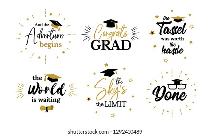 Inspiration and motivation graduation party quotes. Congrats grad, class of 2019. Lettering for congratulation ceremony, invitation card, banner. College, school symbols such as tassel, cap, diploma.