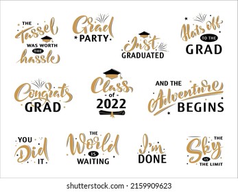 Las citas de la fiesta de graduación inspiradoras y motivadoras. Felicitaciones Graduados. Cartel de saludo. Enhorabuena el cartel vectorial por la ceremonia de felicitación, tarjeta. Símbolo de universidad, escuela, academia