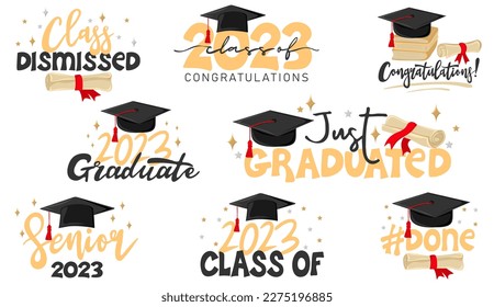 Inspiration and motivation graduation party quotes with graduation cap and scroll of diploma. Congrats grad, class of 2023. Element for degree ceremony and educational programs design. Vector