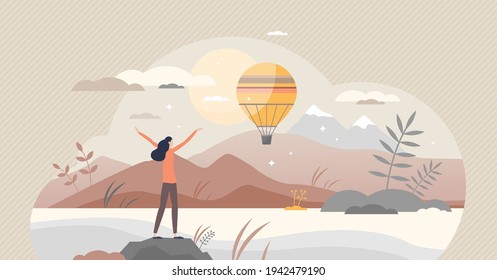 Inspiration or motivation scene with beautiful nature tiny person concept. Future vision with positive and happy attitude or freedom feeling vector illustration. Emotional enjoy and love life attitude