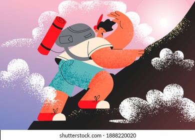 Inspiration, motivation, target concept. Young determined man cartoon character with backpack climbing up mountain trying to reach peak alone vector illustration 