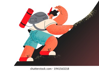 Inspiration, motivation, target concept. Young determined man cartoon character with backpack climbing up mountain trying to reach peak alone vector illustration 