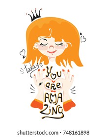 Inspiration motivation typography vector poster with a hand drawn image of  a cute girl face and quote: you are amazing. Template of a bright print for a greeting card, t-shirt, pillow