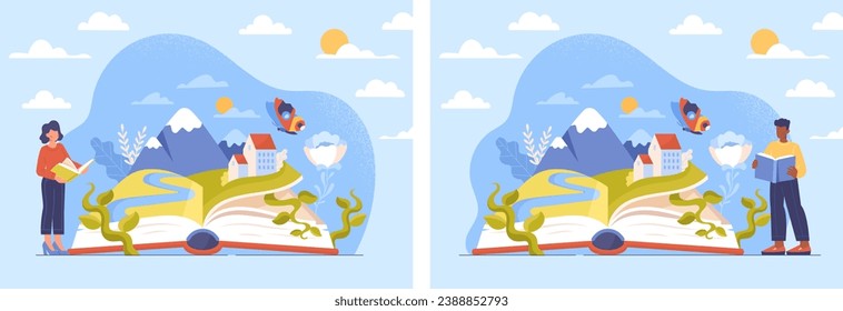 Inspiration and motivational book concept. Man and woman reading beautiful emotional literary work. Expression of feelings in poems. Cartoon flat vector collection isolated on white background