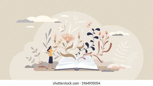Inspiration as motivational book reading and literature tiny person concept. Art creation and emotional feminine story writing vector illustration. Fantasy and feelings expression in poems or stories.