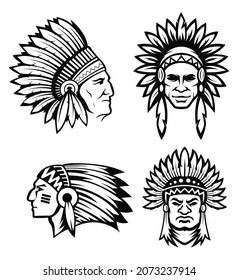 inspiration north american indian chief wearing traditional feather headdress black and white vector portrait