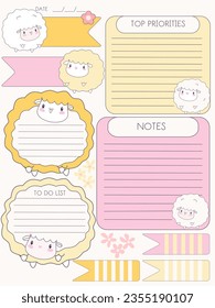 inspiration notepaper design printable . Cartoon Sheep's ` pages for tags , weekly notes, diet menu breakfast lunch dinner to do list, back to school, 