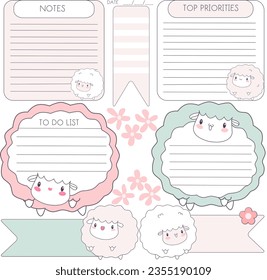 inspiration notepaper design printable . Cartoon Sheep's ` pages for tags , weekly notes, diet menu breakfast lunch dinner to do list, back to school, 