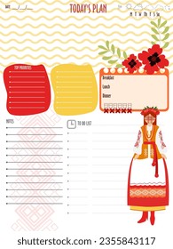 diseño de papel de inspiración imprimible para nota, para hacer lista, con chica con vestido tradicional y flor, páginas para etiquetas , notas semanales