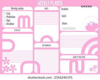 inspiration notepaper design printable . Pink,  white  minimal pages for tags , weekly notes, diet menu breakfast lunch dinner 