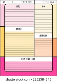 inspiration notepaper design printable .  White pink pages for tags , weekly notes, diet menu breakfast lunch dinner to do list