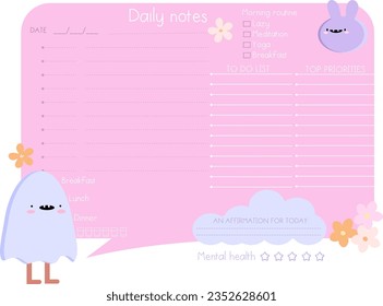 inspiration notepaper design printable .  White pink pages for tags , weekly notes, diet menu breakfast lunch dinner to do list cartoon character animal's 