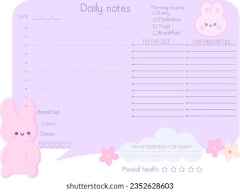 inspiration notepaper design printable .  White pink pages for tags , weekly notes, diet menu breakfast lunch dinner to do list cartoon character animal's 