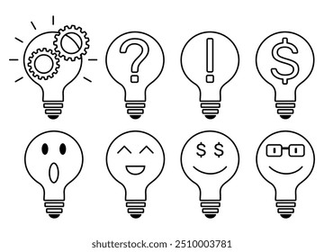 Conjunto de ícones do pictograma de inspiração. Lâmpada e rosto sorridente, dólar, ponto de interrogação dentro. Ícone de lâmpada. Símbolo de ideia, inovação, inspiração.