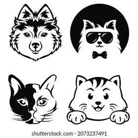 inspiration Portrait of a cat, Cute kitten, Black white illustration of a cat, Stylized pet, Cat head tattoo.