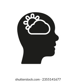 Inspiration and Positive Thinking Silhouette Icon. Sun in Human Head Optimistic Good Emotion Glyph Pictogram. Mental Health Solid Sign. Intellectual Process Symbol. Isolated Vector Illustration.