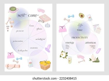 Inspiration poster for Self care and productivity. Mental health, psychology, self love and balance life. Editable vector illustration.