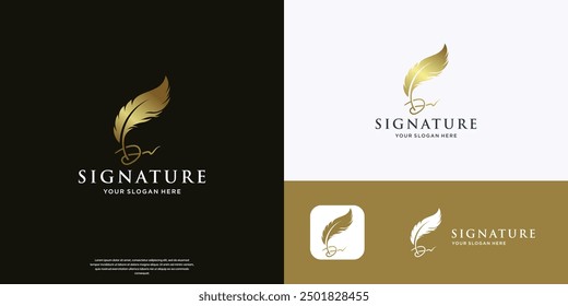 inspiration quill feather logo template. signature feather pen design with golden color branding.