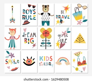 Inspiration quotes, rainbow, flowers, cute characters set: bear, fox, letters, prints for nurseries, greeting cards, children wear