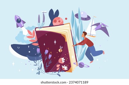 Inspiration from reading books vector illustration. Cartoon happy tiny character opening paper book to enjoy magic adventure in nature and space on pages, read inspiring novel and fairy story