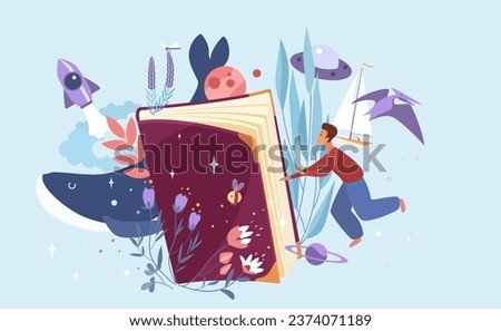 Inspiration from reading books vector illustration. Cartoon happy tiny character opening paper book to enjoy magic adventure in nature and space on pages, read inspiring novel and fairy story