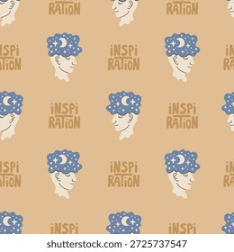 Inspiration Seamless Pattern. Hand Drawn Beige Creativity Background with Human Head Cloud and Text Lettering. Repeat Vector illustration