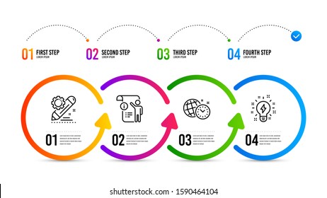 Inspiration sign. Infographics timeline. Manual doc, Project edit and Time management line icons set. Project info, Settings, World clock. Creativity. Education set. Manual doc icon. Vector