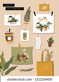 Inspiration Spring Mood Board. Trendy Home Decor With Plants, Cards, Succulents. Vector Illustration